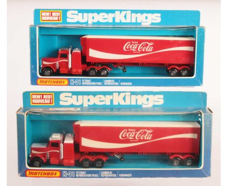 Matchbox Super Kings 2x K-31 Peterbilt Articulated Truck &amp; Refrigerator Trailer "Coca Cola". (1) red cab, unpainted roof 