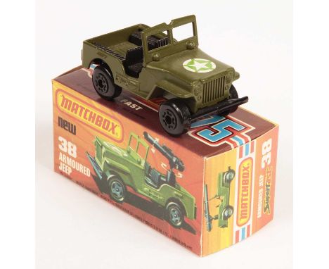 Matchbox Superfast 38c Armoured Jeep - military green body with 5-pointed star hood label, black interior, RARE GLOSS BLACK "