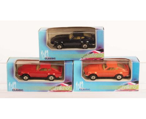 Matchbox Super Kings 3 x K-52 Datsun 240Z Made in Bulgaria Issues - all are clear windows, pale yellow interior, Bulgaria bas