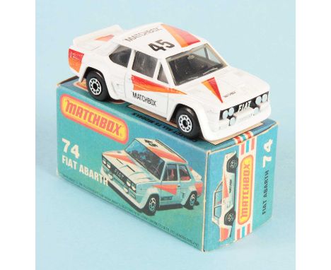 Matchbox Superfast Fiat 131 Abarth - white body with orange &amp; red stripe racing number 45 tampo print, clear windows, RAR