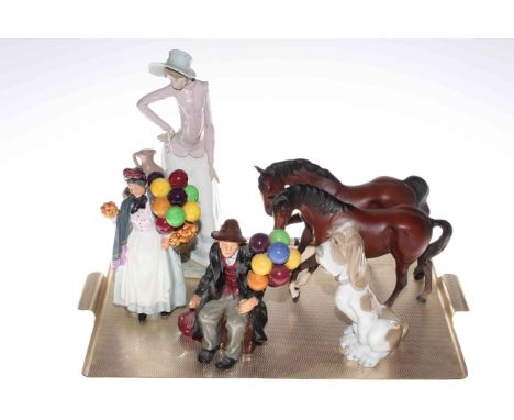 Nao figure, two Beswick horses, Royal Doulton 'The Balloon Man' and 'Biddy Penny Farthing' and a Nao dog