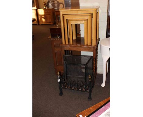Oak barley twist occasional table, nest of three tables, cast and brass fire basket and firescreen (4)