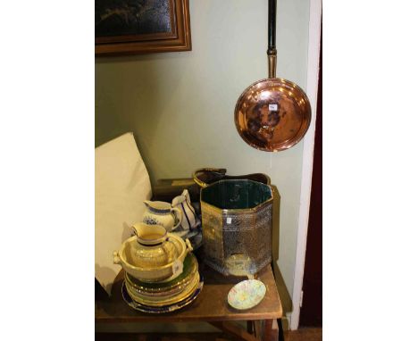 Copper warming pan, coal scuttle, brass octagonal planter, carved walking stick, books and assorted china