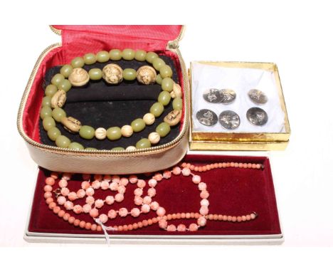 Set of six silver lady portrait buttons, two coral bead and one other necklace