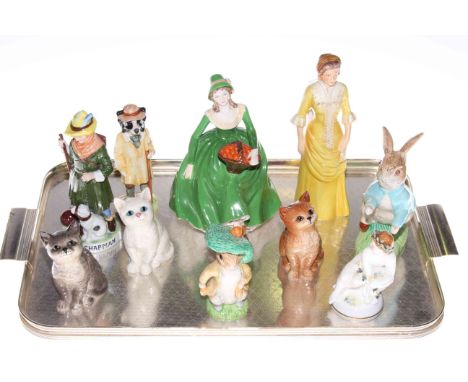 Coalport and Goebel figures, Beswick cats, Peter Rabbit and Shepherd Sheepdog, Royal Crown Derby Spring Figure, etc