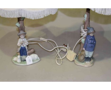 Two Nao figure lamps, Daisa Lladro 1988, Shepherd and Boy with Back Pack, 60cm by 38cm