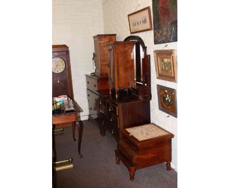 Victorian mahogany stool commode, early 20th Century dressing table, Victorian mahogany three drawer chest and two pot cupboa