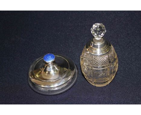Silver and blue enamel mounted powder bowl and silver mounted crystal scent bottle (2)