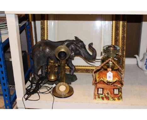 Elephant ornament, stick telephone, oil lamp, Cottage ware biscuit barrel and pair of gilt frames