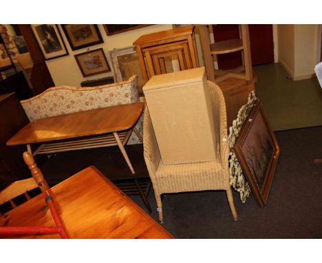Two Ercol coffee tables, Lloyd Loom bedroom chair, linen bin, wall mirror and framed print (6)