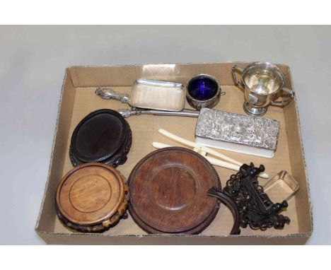 Box with small silver pieces, Chinese vase stands and glove stretchers