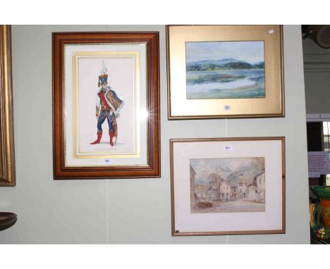 J. Shields, Lake District landscape, signed watercolour, Alpine Village watercolour and military print (3)