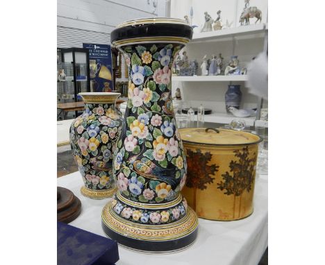 Portuguese ceramic baluster vase on baluster pedestal stand, painted with cockatoos and allover floral decoration, ceramic an