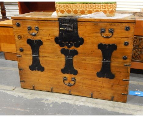 Oriental travelling trunk with drop handles, metal shaped strap hinges 