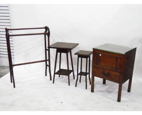 Georgian mahogany commode, two occasional tables and a late 19th century stained as mahogany twin-rail towel horse (4) 