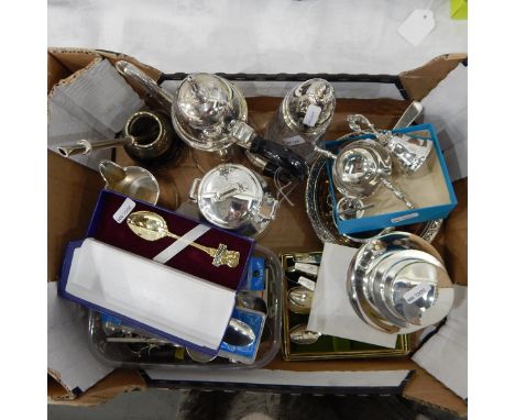 EPNS reproduction coffee pot, cut glass and EPNS sugar caster, mate gourd and spoon, quantity of souvenir teaspoons, horn-han