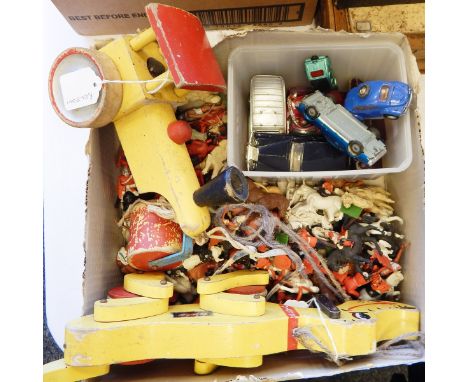 Quantity of plastic model soldiers and animals, a Brio pull-along Pluto, a wooden pull-along train and model cars (1 box) 