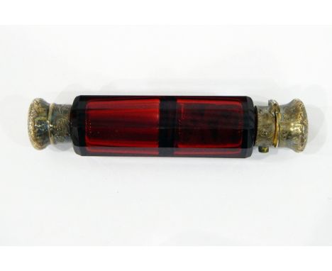 Victorian ruby cut glass and double-ended scent/salts bottle with engraved mounts 