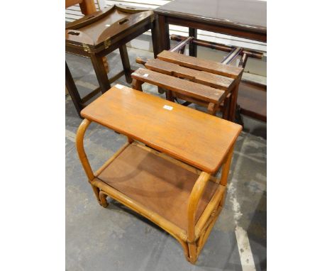 Set of oak/pine(?) library steps, a trunk/luggage stand and a bamboo-framed two-tier plant stand (3) 