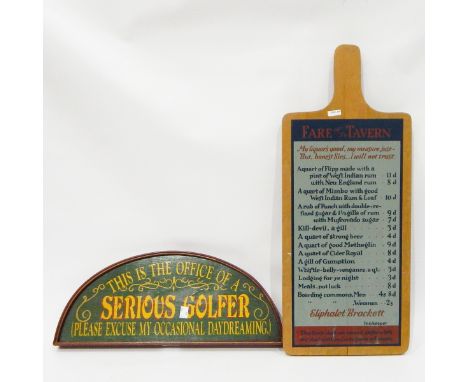 Tiled picture from the Forest of Dean and another "Fair of ye Tavern" board and a humorous painted sign for the Serious Golfe
