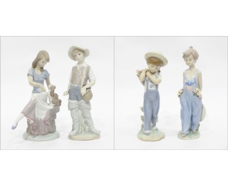 Four Lladro figures of children carrying flowers, playing with dog, fishing etc (4)