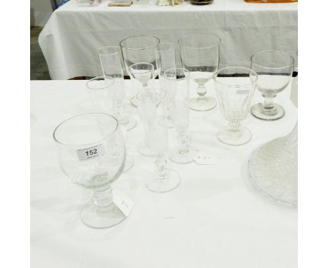 Ship's decanter, four various rummer type glasses, another faceted glass and a set of six champagne flutes 