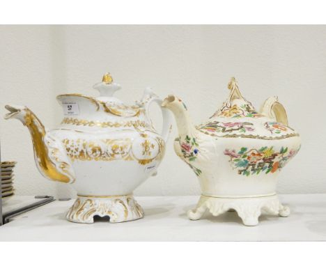 Victorian porcelain teapot, with foliate giltwork decoration, raised on a circular foot together with another, Oriental patte