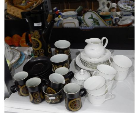 Denbyware part coffee service including coffee pot, mugs, jug, teacups, saucers and Royal Doulton 'Amulet' part tea service 