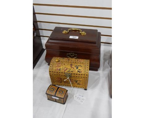 Reproduction Georgian-style mahogany tea caddy with fitted interior, an Egyptian domed-top sarcophagus box and a small Norweg