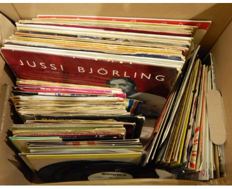 Large collection of long playing records, mainly classical, two mahogany CD shelves and a collection of CDs  