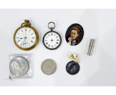 Lady's silver fob watch, engraved (glass missing), Ingersoll pocket watch "Triumph" with subsidiary seconds dial, photographi