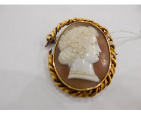 Late 19th century oval cameo brooch, profile portrait of lady with tied up curly hair, having gold-coloured metal spiral surr