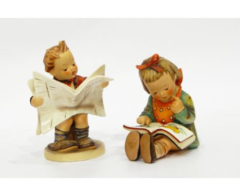 Pair of Goebel pottery figures, of a boy reading a newspaper and a girl with a book