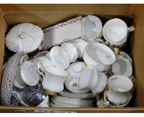 Royal Albert part tea service "Val d'Or", quantity of white china with petal shaped rims and two boxes of assorted glassware 