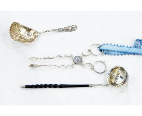 Georgian silver miniature toddy ladle with spirally twisted handle, a pair of white metal sugar nips of Georgian style and a 