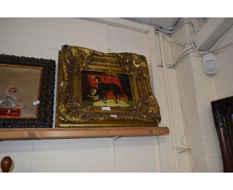 Contemporary oleograph study of a whippet set in heavy gilt frame