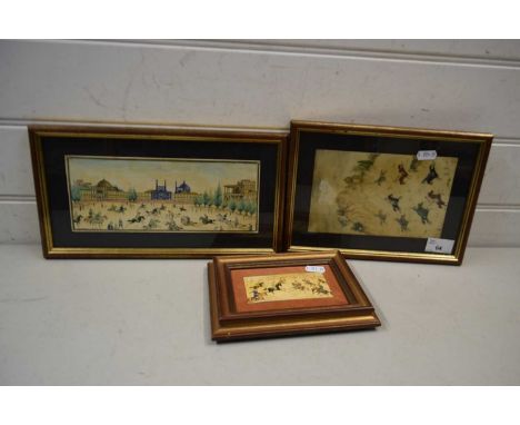 Group of three mogul pictures figures on horseback to include a polo playing scene reputedly in Isfahan, all framed and glaze