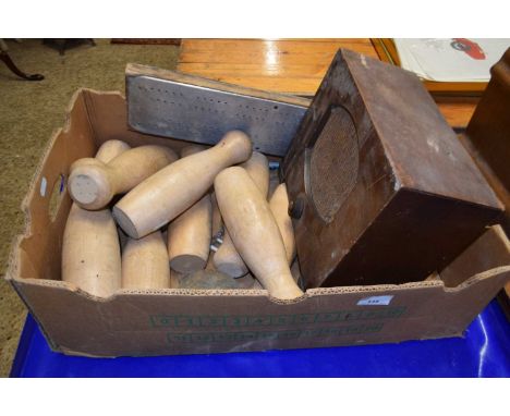 Mixed Lot: Wooden skittles, a vintage wooden case speaker etc