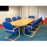 Beech Effect Boardroom Table With 8 Blue Fabric Chairs