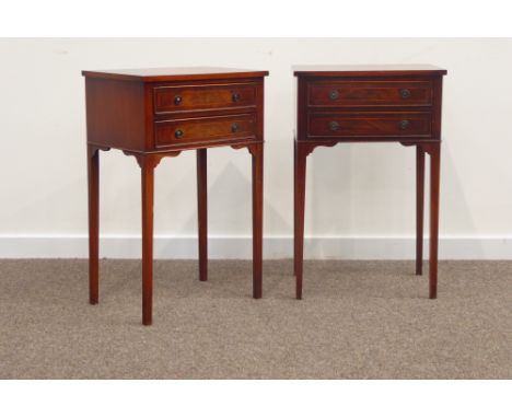 Pair reproduction inlaid mahogany bedside lamp stands, each fitted with two drawers, W46cm, H71cm, D32cm