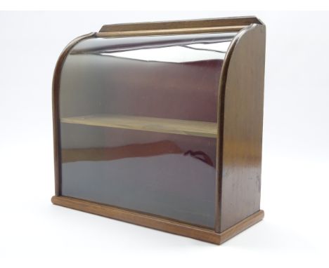 Edwardian oak table top glazed display cabinet with single shelf and curved glass front on walnut plinth base, H46cm x W49cm 