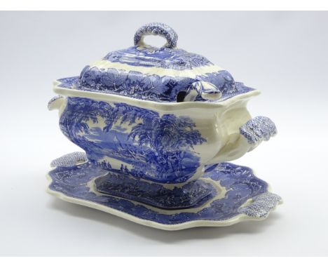 Mason's Vista pattern blue and white soup tureen with stand and ladle, L37cm 