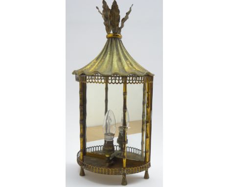 Gilt metal lantern shaped wall light, four bamboo moulded columns, pierced gallery, sloped top with laurel leaf finial and mi