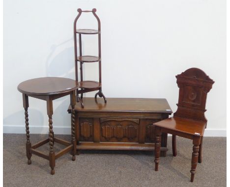 Medium oak blanket box with linenfold decoration (W96cm, H47cm, D38cm), 20th century barley twist oak lamp table with circula