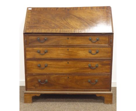 George III mahogany bureau, figured and banded fall front enclosing interior fitted with drawers and pigeon holes, four gradu