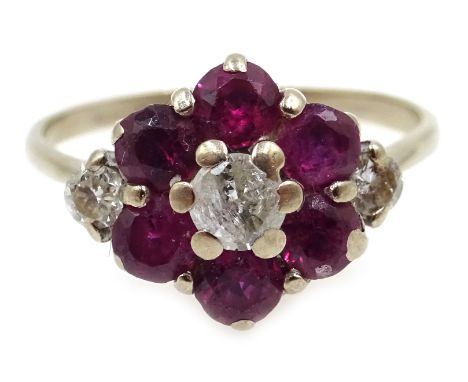 White gold diamond and spinel cluster ring stamped 18ct Condition Report &amp; Further Details Size O-P, approx 3.2gm