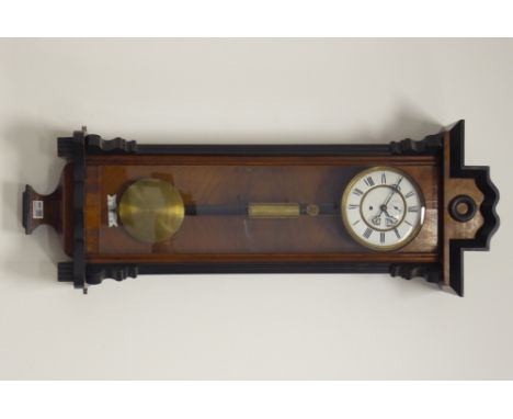 Late 19th century Vienna style regulator wall clock, walnut and ebonised cased, circular enamel dial with Roman chapter ring 