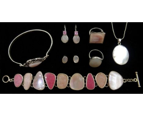 Silver mother of pearl and quartz set bracelet, similar pendant, rings, bangle and ear-rings, all stamped 925