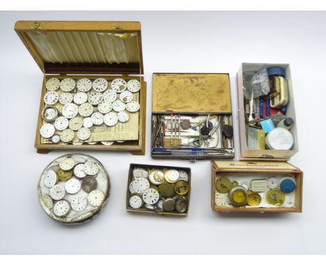 Large quantity of various 19th century pocket watch movements, some with cases, and quantity of watch makers tools including,