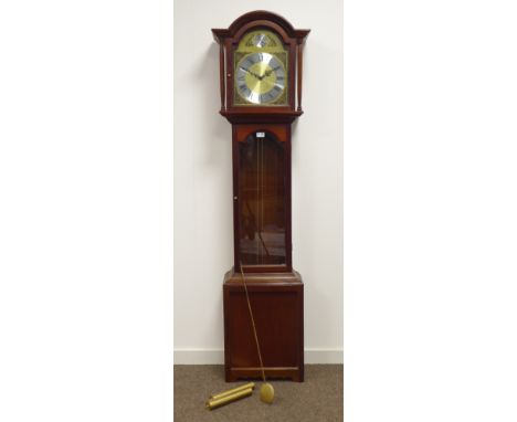 Reproduction mahogany longcase clock, stepped arch hood, gilt dial with Roman chapter ring, twin weight driven movement chimi